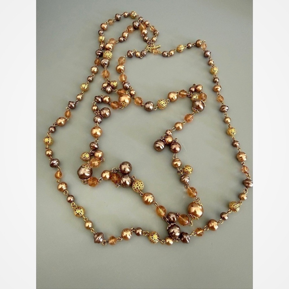 Cultured Pearl Gold Tone Filigree Bead Dangle Necklace 34" Opera